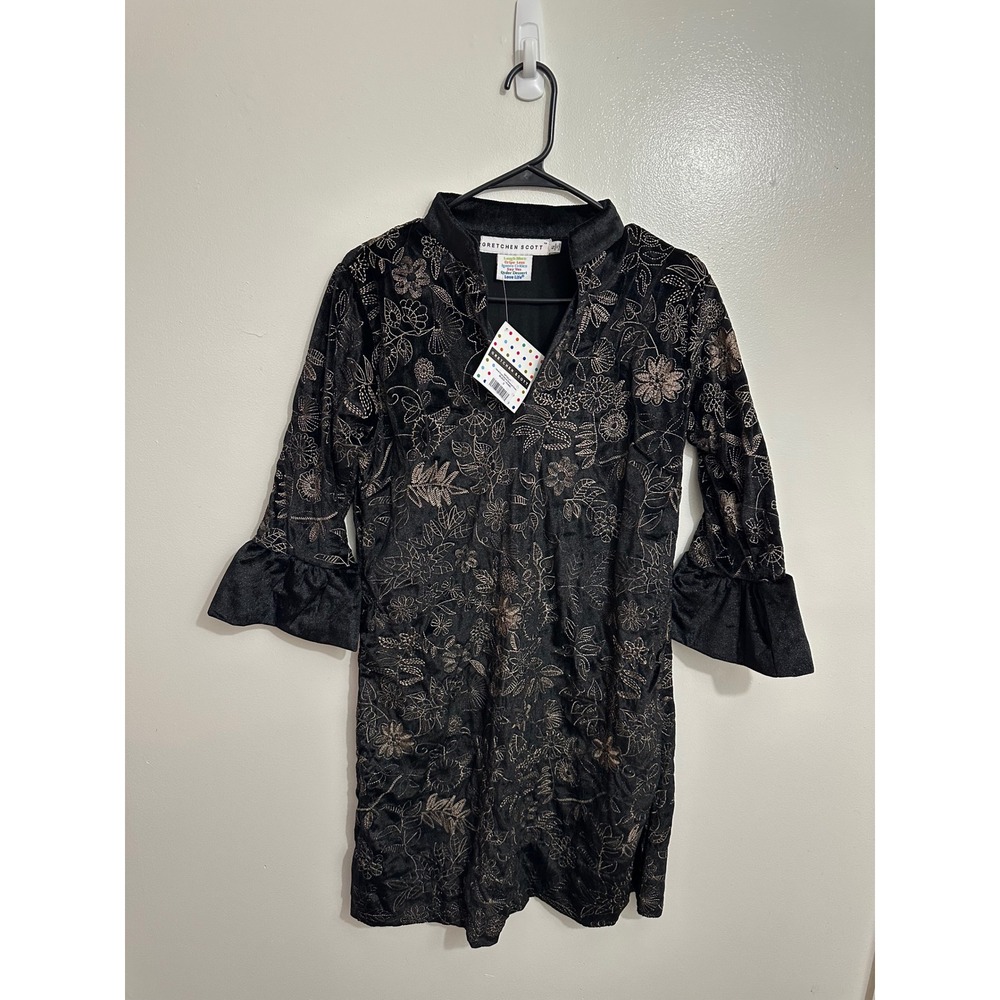 Gretchen Scott Velvet Embroidered Botanical Dress Black Khaki DRVELVT Small NWT